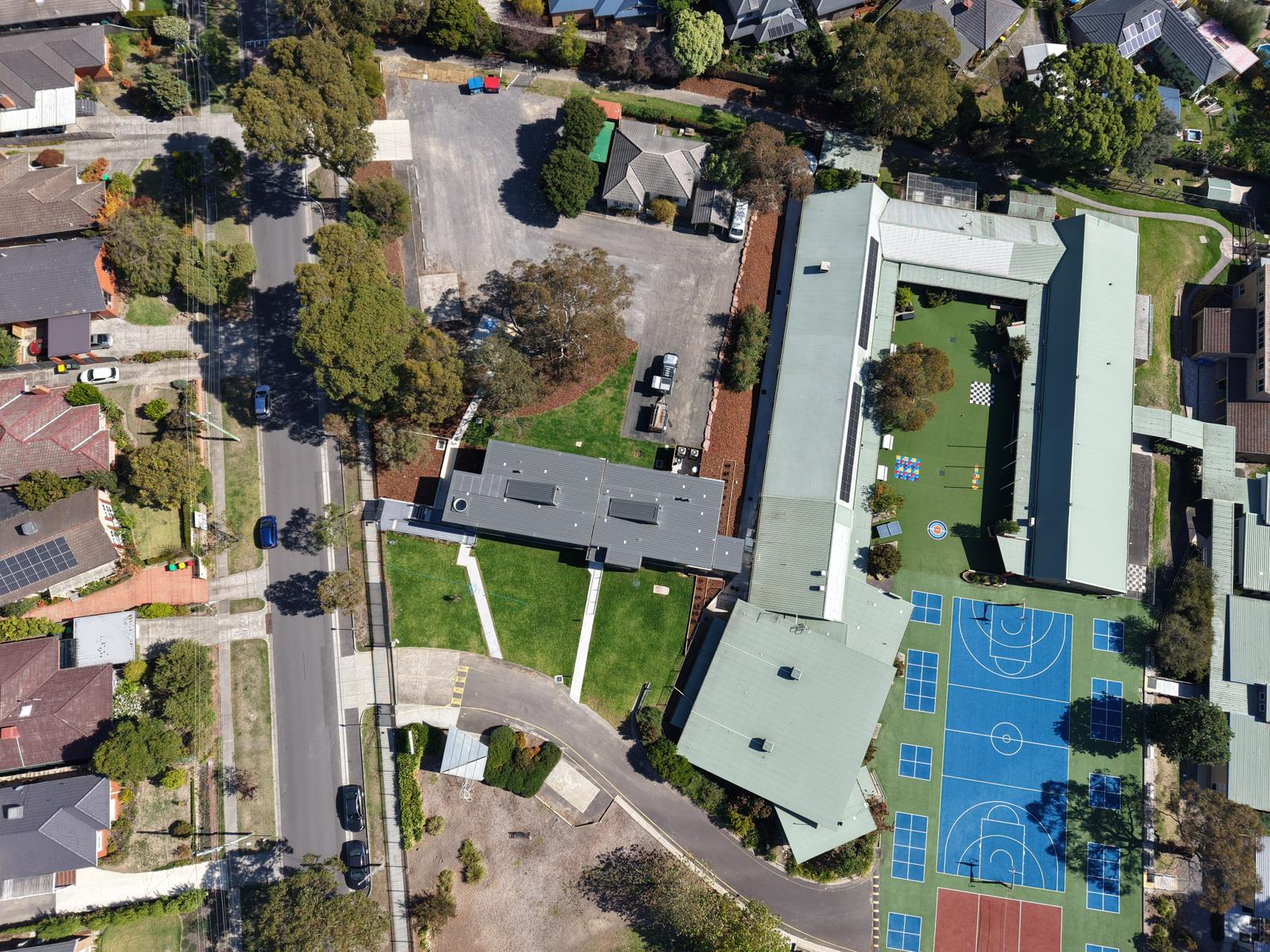 Wide aerial of the St James Vermont school complex