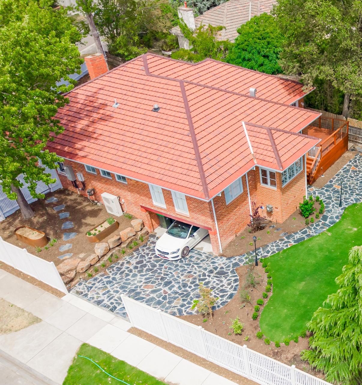 Aerial of the finished North Balwyn residence with completed driveway